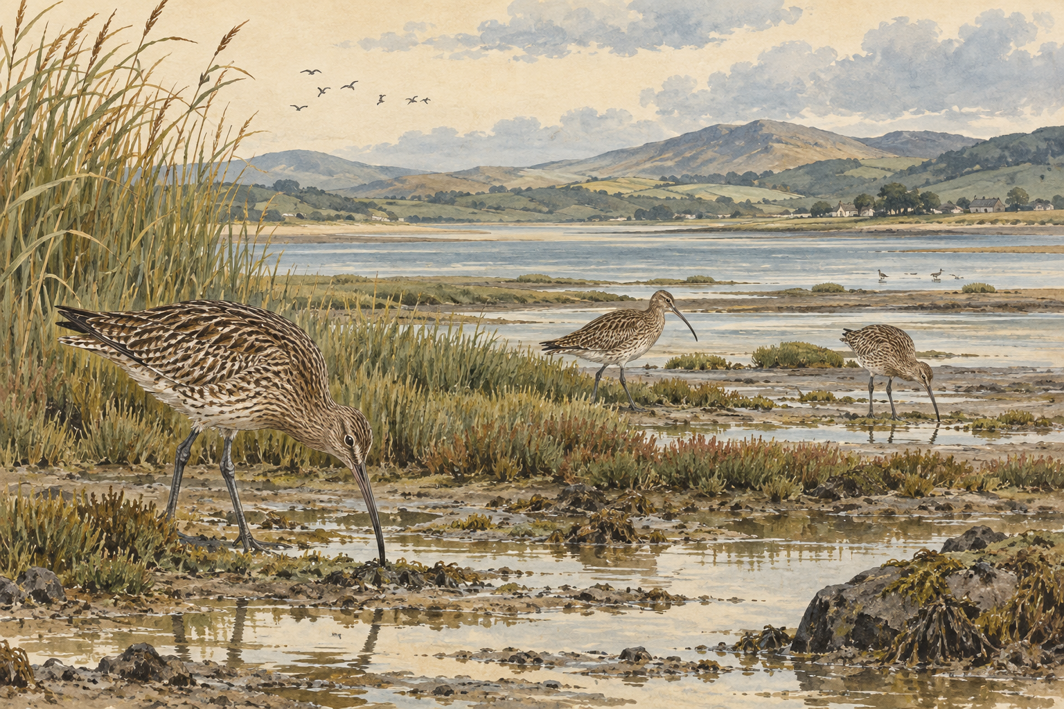 Original temporary illustration of curlews feeding by a Welsh estuary
